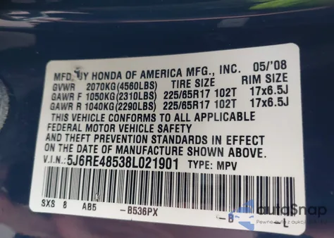 2008 Honda Cr-V Ex из США, поврежденный, VIN 5J6RE48538L021901